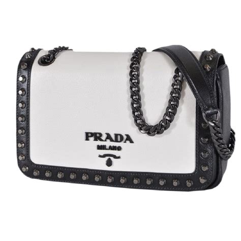 Prada White Black Glace Leather Studded Trim Crossbody 